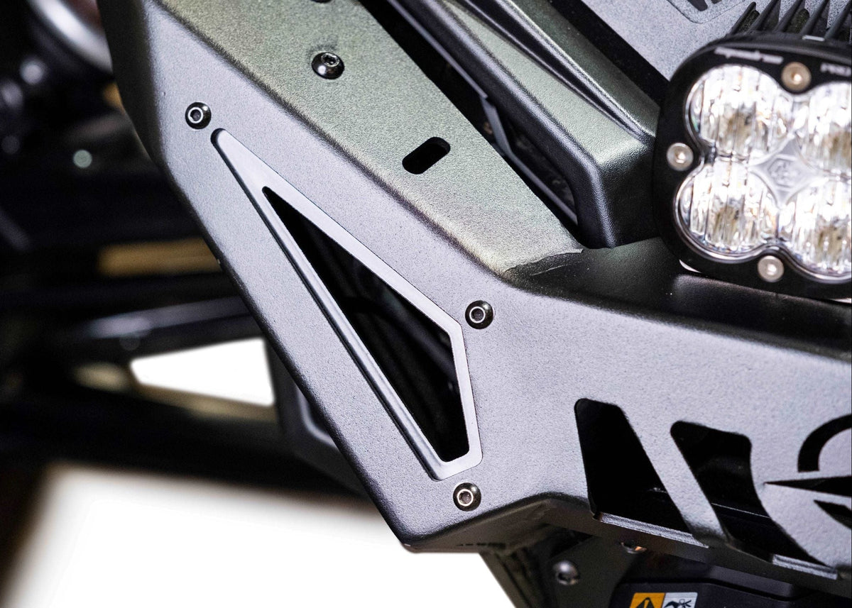 Angled detail ofCan-Am Maverick X3 Volt Series Winch Bumper showing slim profile and satin black accent panels