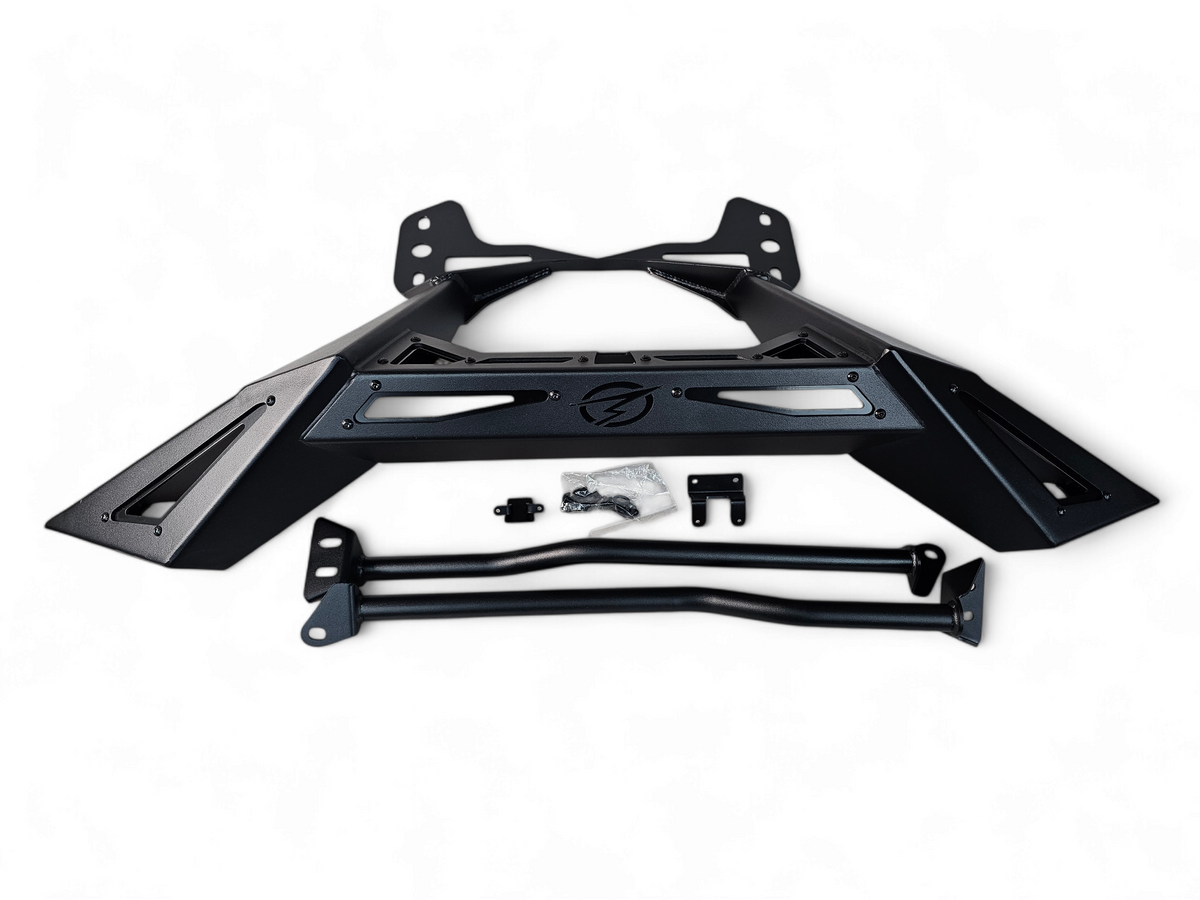 Can-Am Maverick R Rear Volt Bumper unboxed showing steel bumper, bolt-on mounting brackets, and complete hardware kit before installation