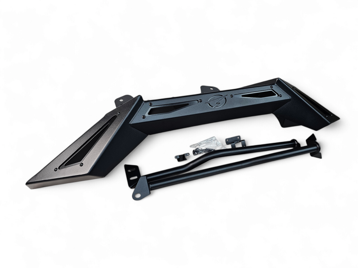 Can-Am Maverick R 2-Door Rear Volt Bumper shown solo on white background displaying full steel construction, hammer black powder coat finish, and backup camera relocation slot