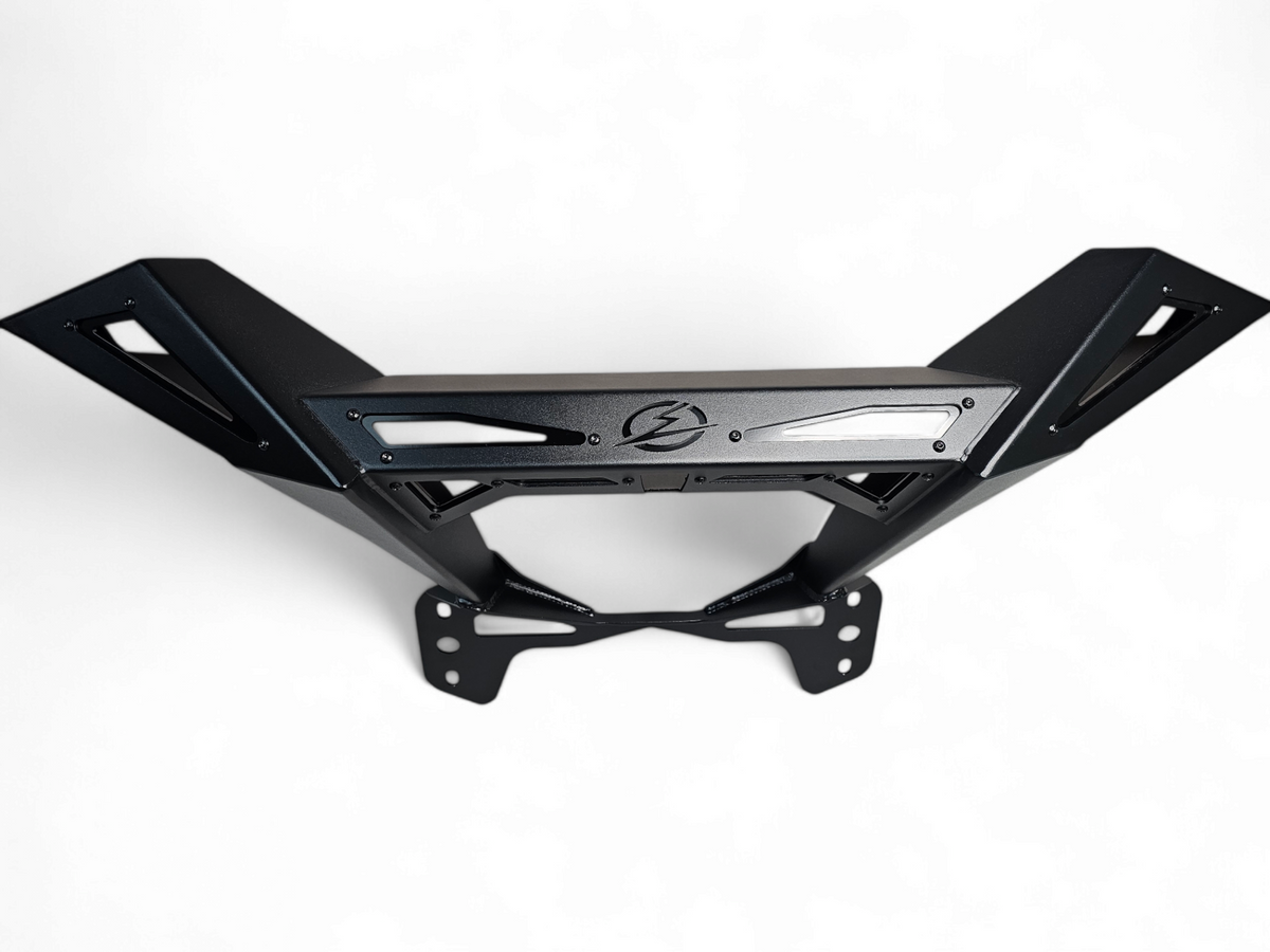 Underside view of Can-Am Maverick R Rear Volt Bumper showing welded steel structure, reinforcement points, and mounting tab placement