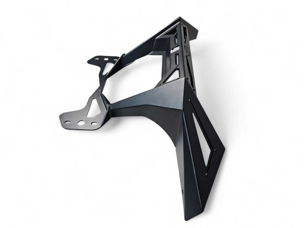 Can-Am Maverick R Rear Volt Bumper unboxed showing steel bumper, bolt-on mounting brackets, and complete hardware kit before installation