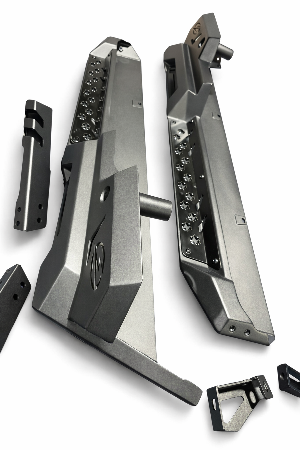 Can-Am Defender 2-seat Volt Rock Steps shown solo displaying hammer black and satin black two-tone finish