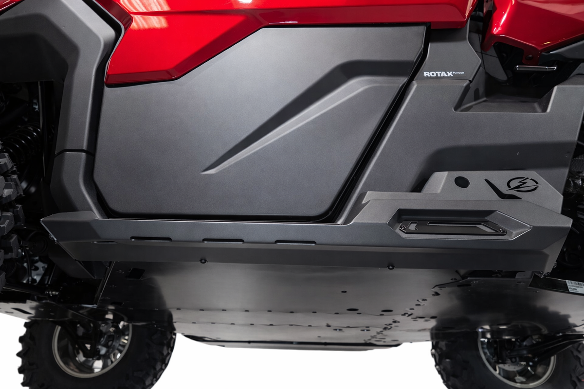 Steel slider and satin black aluminum accent plate detail on Can-Am Defender 2-seat Volt Rock Steps