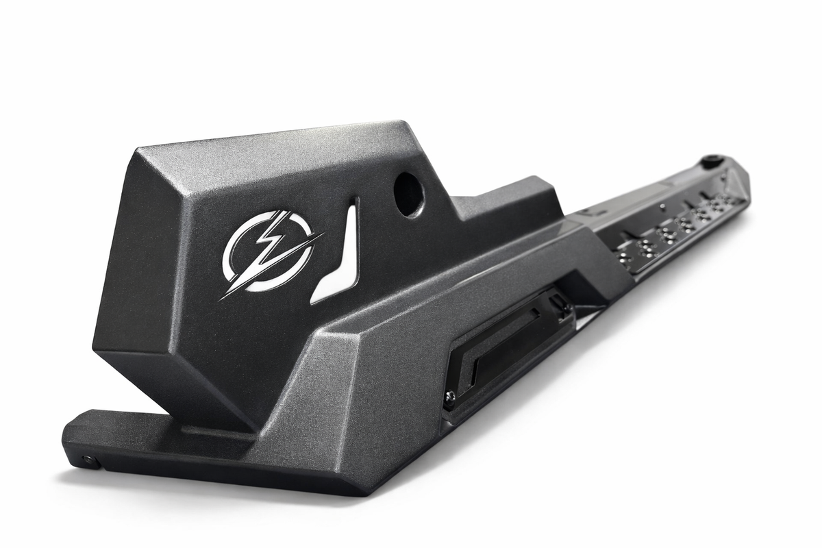 Step-in function shown on Can-Am Defender 2-seat Volt Rock Steps for easy cab entry