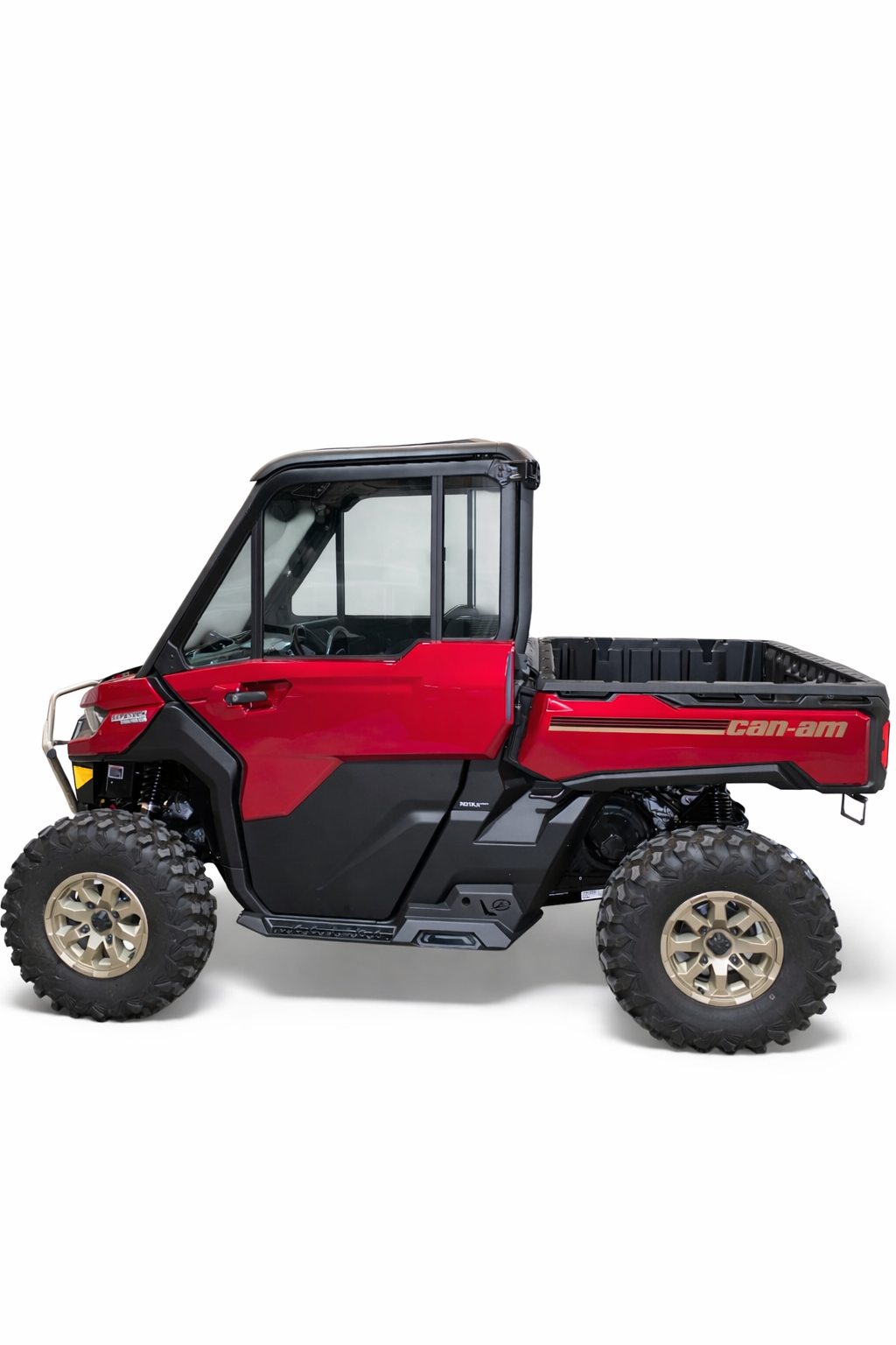 Volt Rock Steps installed on 2-seat Can-Am Defender HD10 showing steel side protection and built-in step