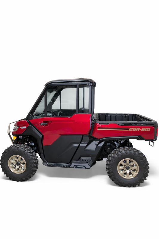 Volt Rock Steps installed on 2-seat Can-Am Defender HD10 showing steel side protection and built-in step