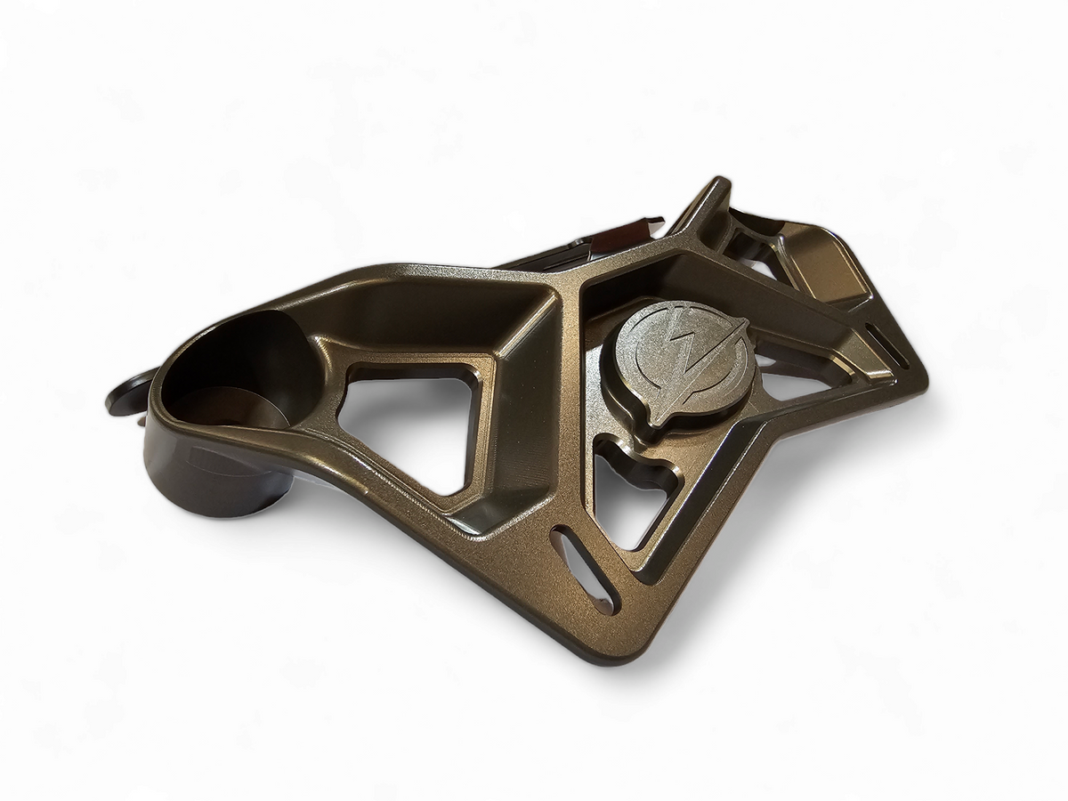Gun metal billet upper shock mount brace installed on Can-Am Maverick X3 reinforcing the front shock mount