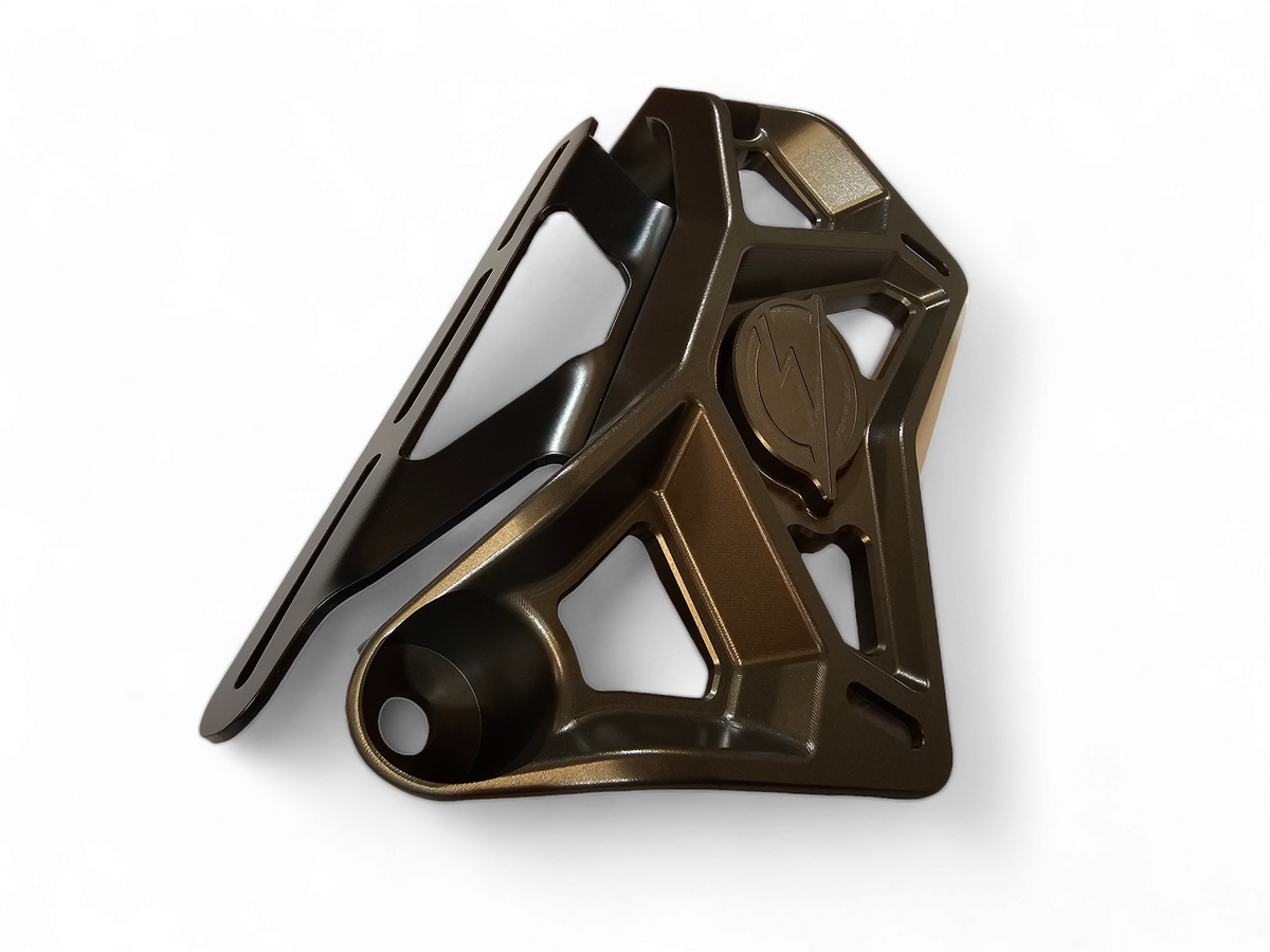 Adjustable and removable light mount bracket detail on Can-Am Maverick X3 gun metal upper shock mount brace