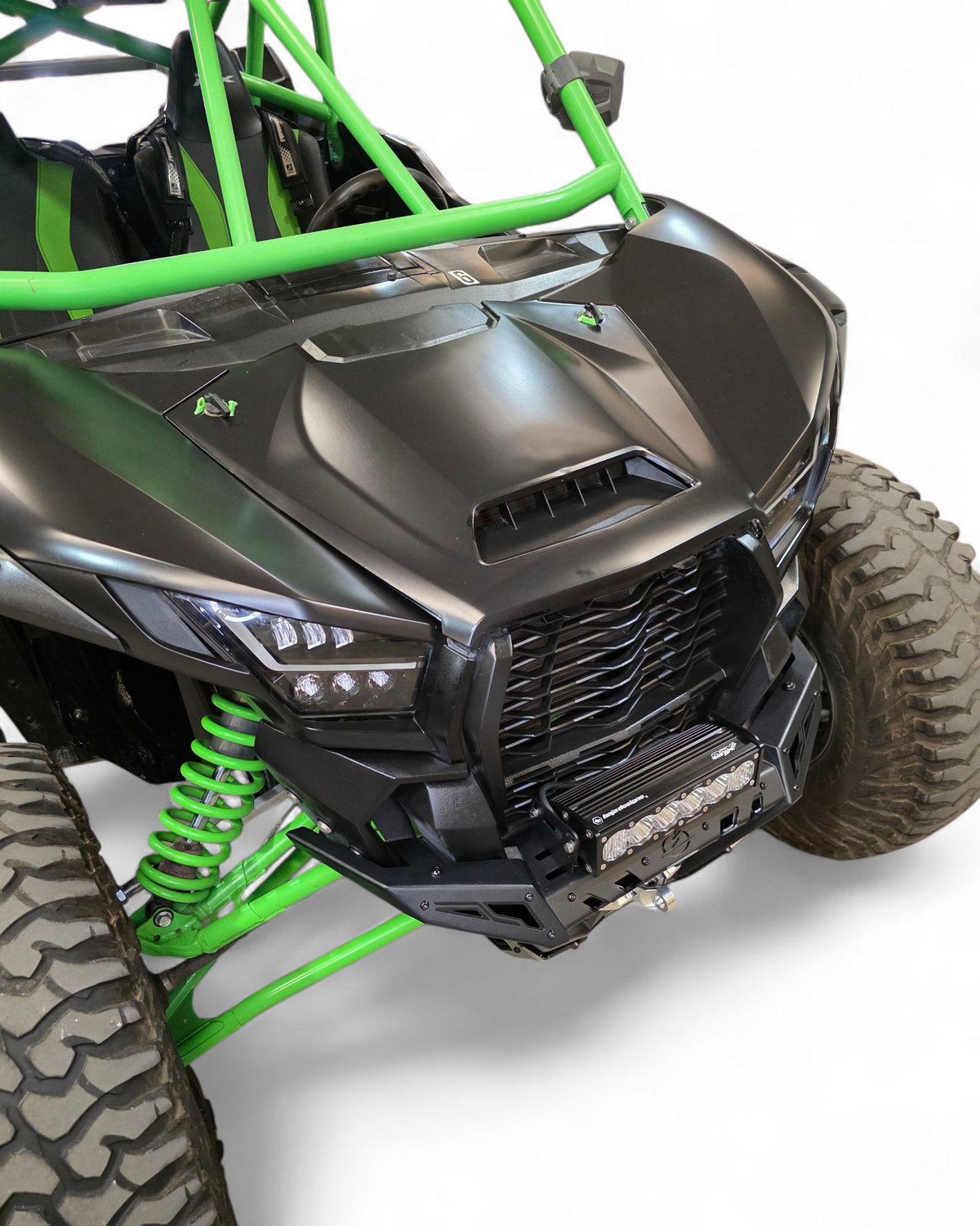 Aluminum accent panel detail on Kawasaki KRX 1000 front winch bumper