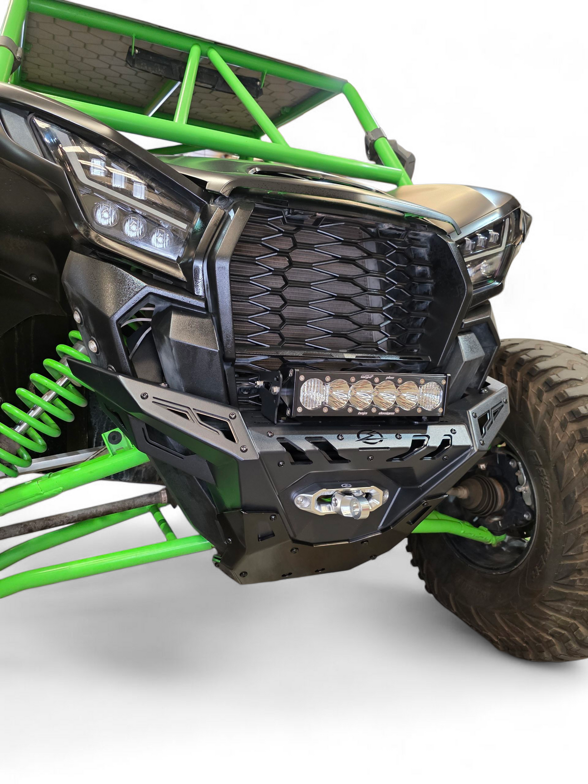 Kawasaki KRX 1000 front bumper shown with lights mounted for night visibility
