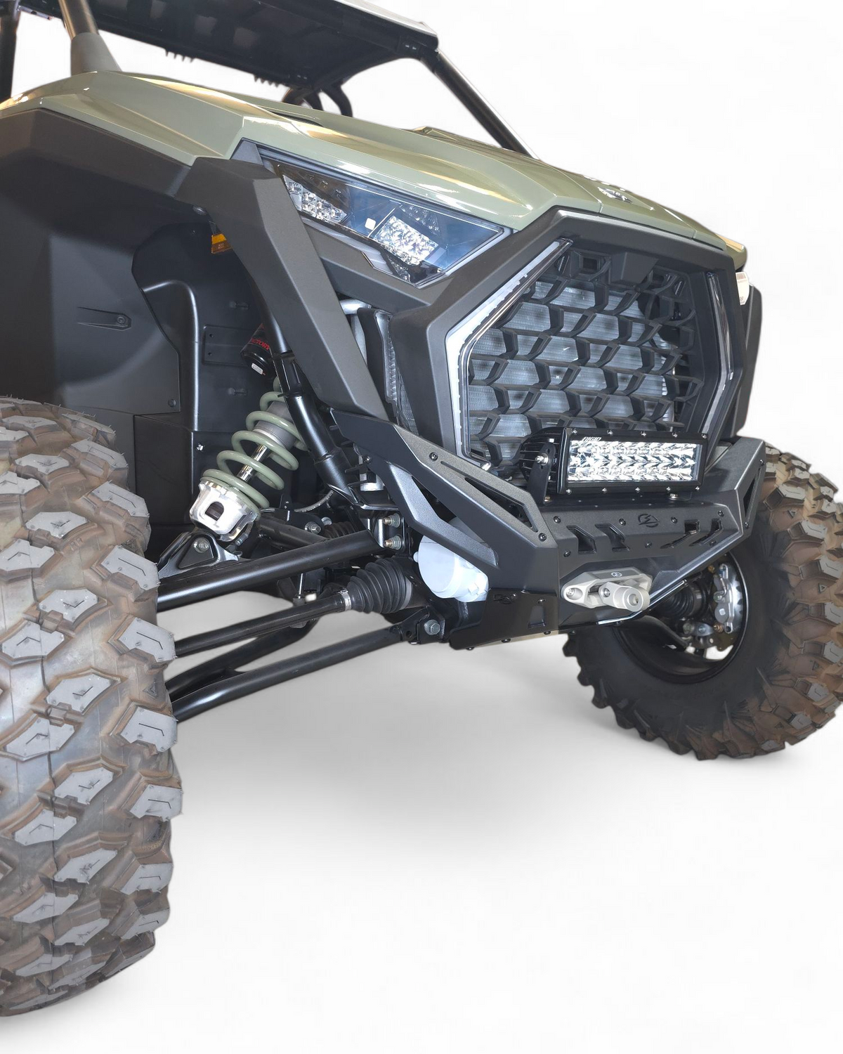 Hammer black finish texture close-up on Polaris RZR Pro XP front bumper