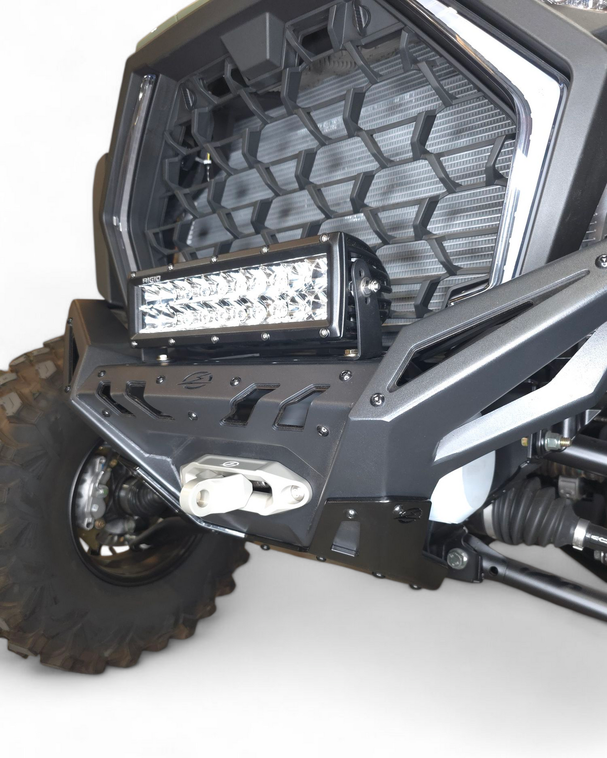 Polaris RZR Pro XP Volt front winch bumper shown on the trail demonstrating front-end protection