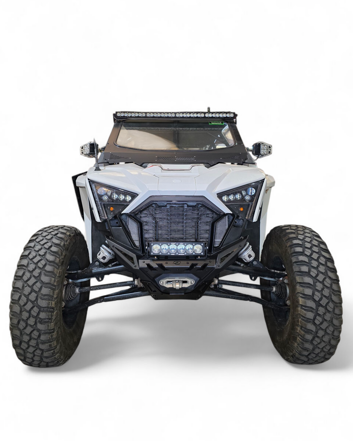 Polaris RZR Pro XP front winch bumper showing satin black panels and contour-hugging fit