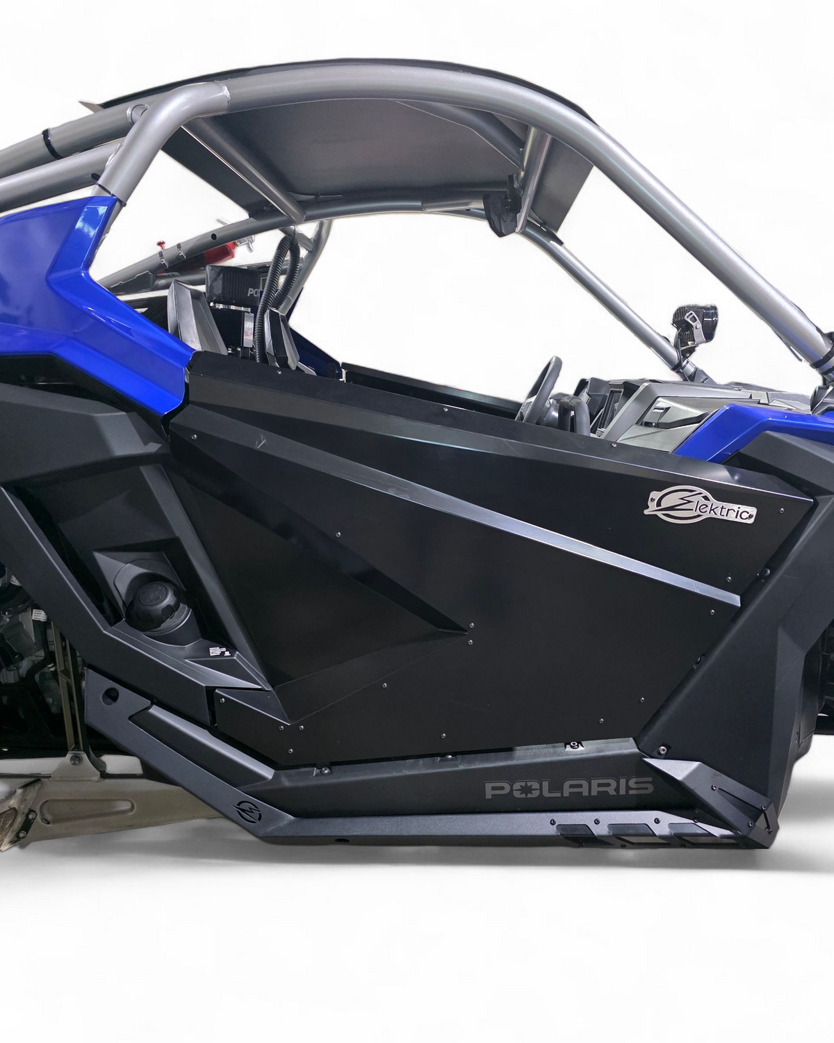 Satin black aluminum panel detail on Polaris RZR 2-seat Volt rock sliders