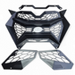 Volt 3-Piece Grille unboxed beside 2024 Can-Am Maverick R showing three grille
    sections, billet badge, and complete bolt-in hardware kit