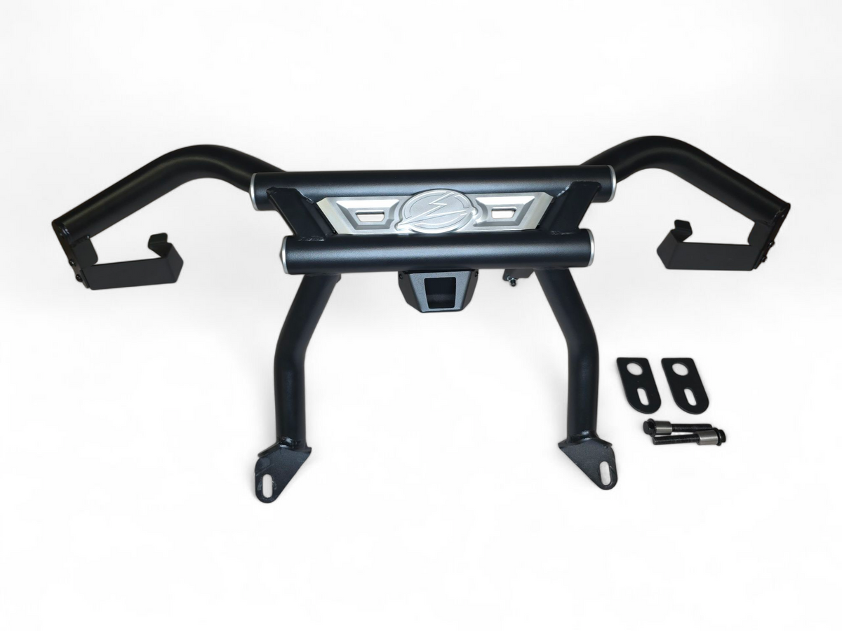 Corner detail of Can-Am Maverick R AMP Rear Bumper showing billet and tubing junction