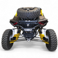 Passenger side rear quarter view of Can-Am Maverick R AMP Rear Bumper showing mounting integration