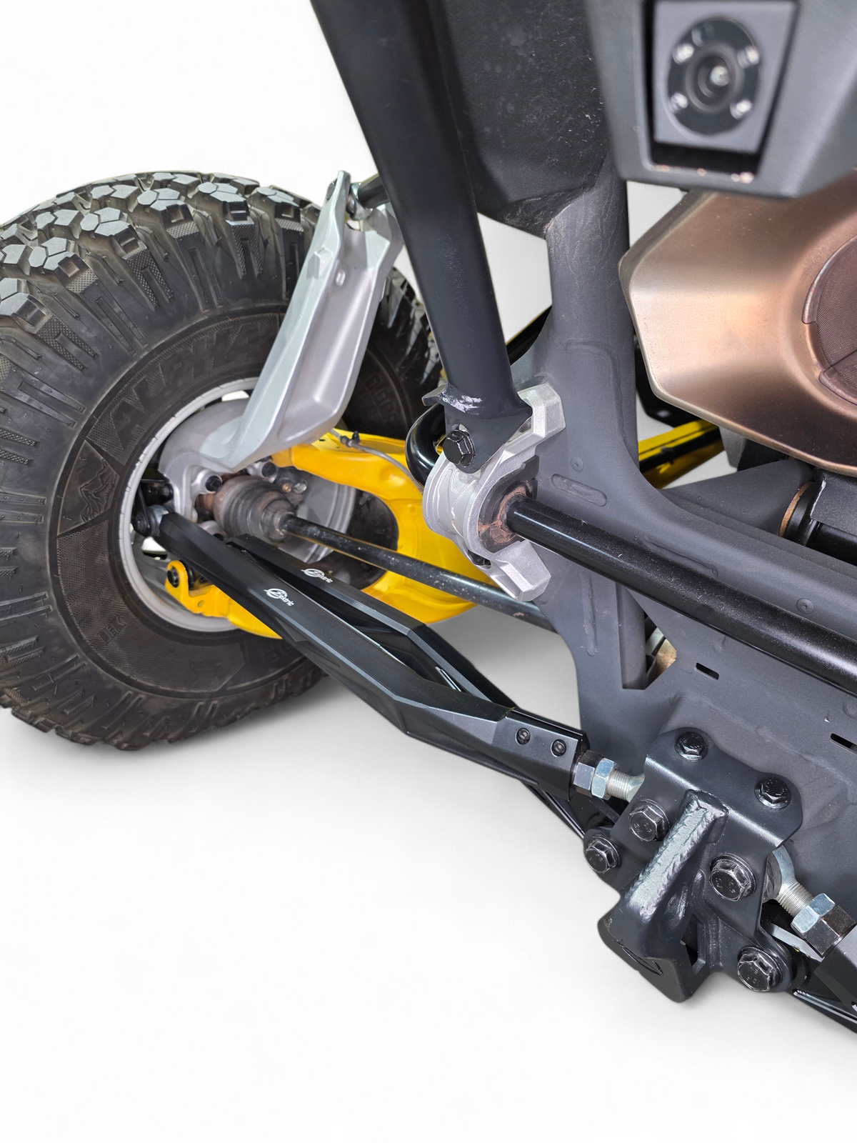 2024 Can-Am Maverick R front suspension fitted with High Clearance Adjustable
    Radius Rods
