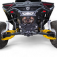 2024 Can-Am Maverick R front suspension fitted with High Clearance Adjustable
    Radius Rods in anodized black finish showing full installation and high clearance