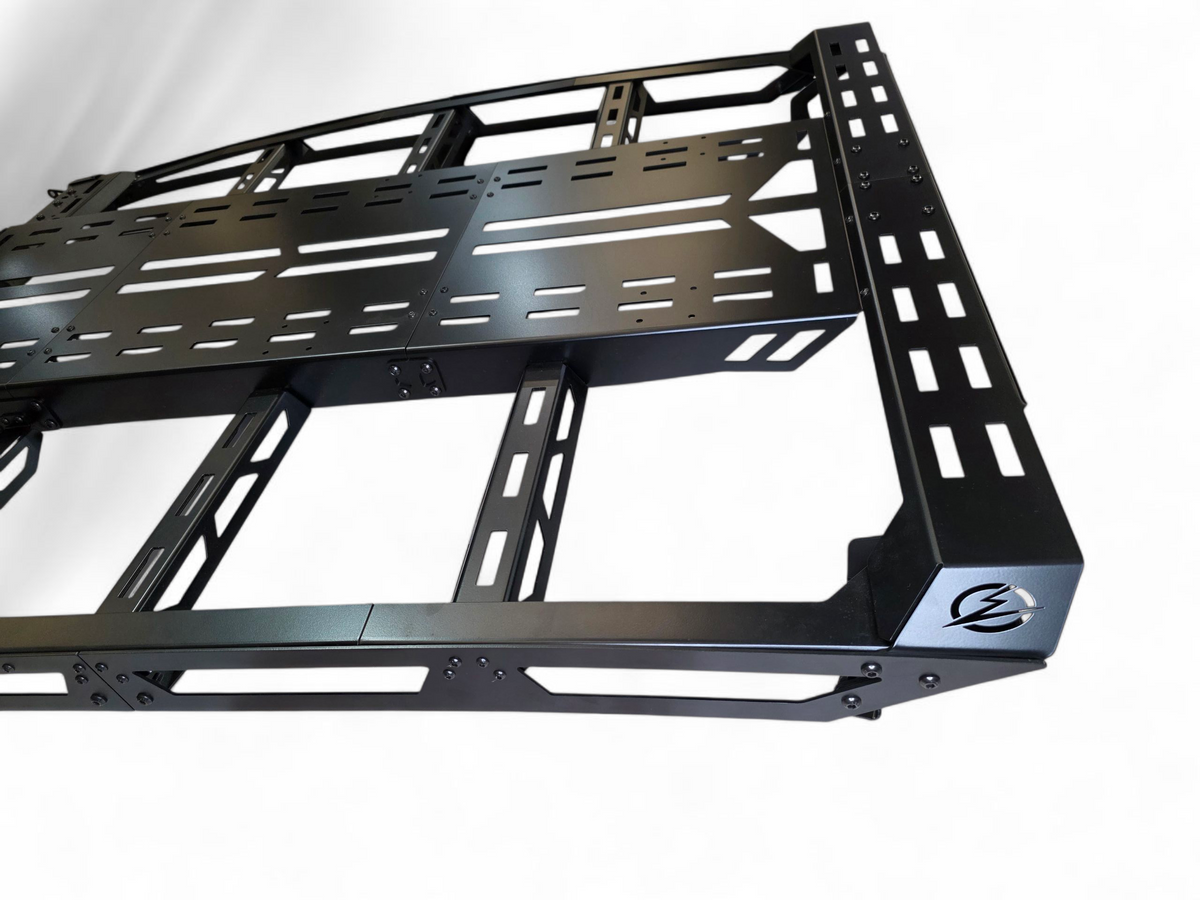 Black metal rack with a logo on a white background