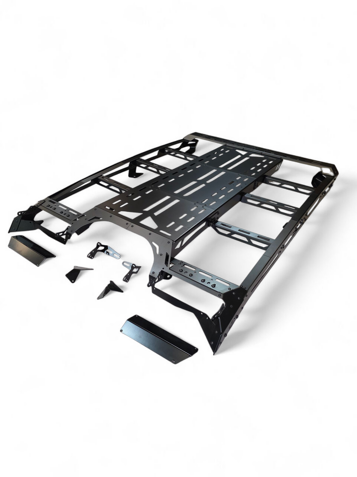 Overhead flat lay of Roof Rack system for Can-Am Maverick R Max showing all components including mounting brackets and hardware kit
