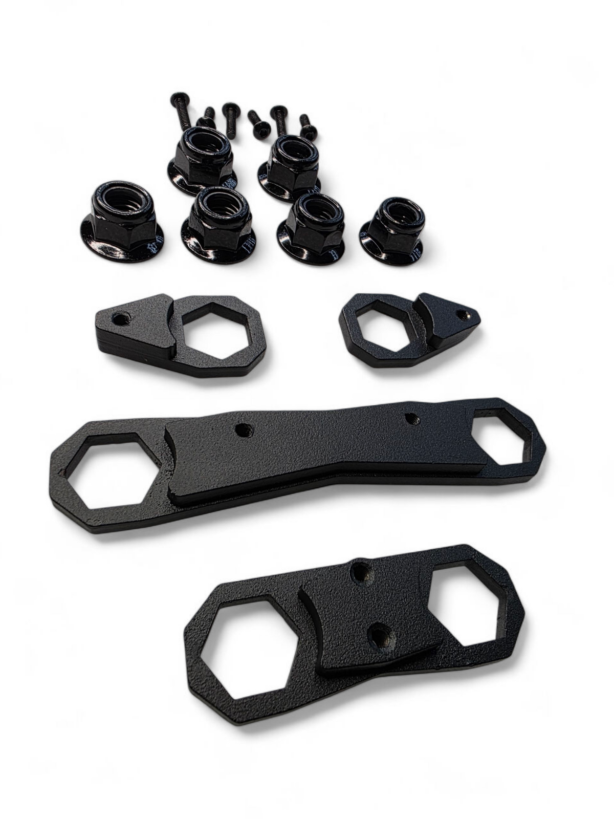 Can-Am Maverick R rear link nut plate kit laid out with retainer plates and stainless hardware
