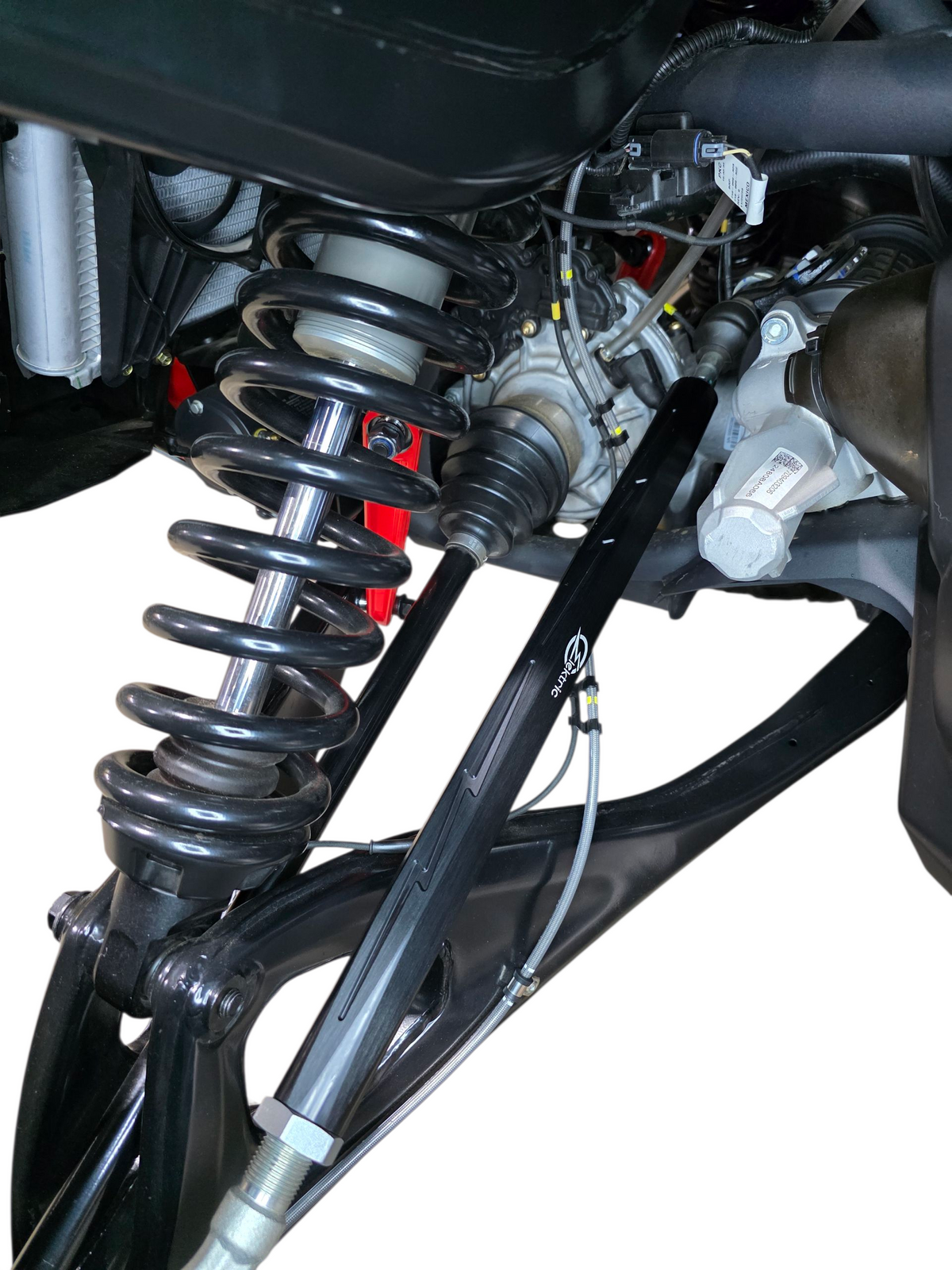 Can-Am Maverick R billet tie rods in anodized black, full front set on a white background