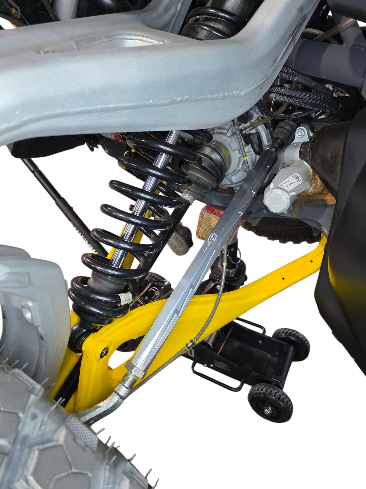 CNC-machined 6061 billet tie rod for the Can-Am Maverick R in a clear finish