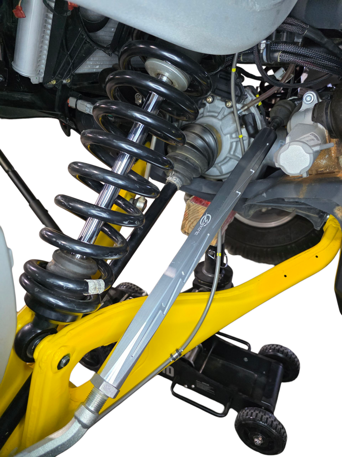 Clear anodized billet tie rods for the Can-Am Maverick R shown on a white background