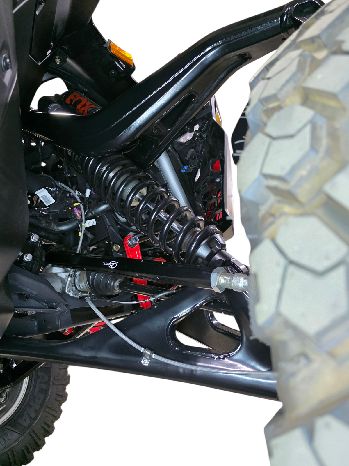 Pair of Can-Am Maverick R anodized black billet tie rods shown with included hardware