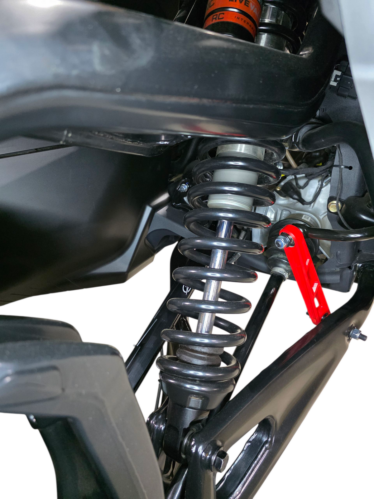 Anodized black finish detail on Can-Am Maverick R billet tie rods