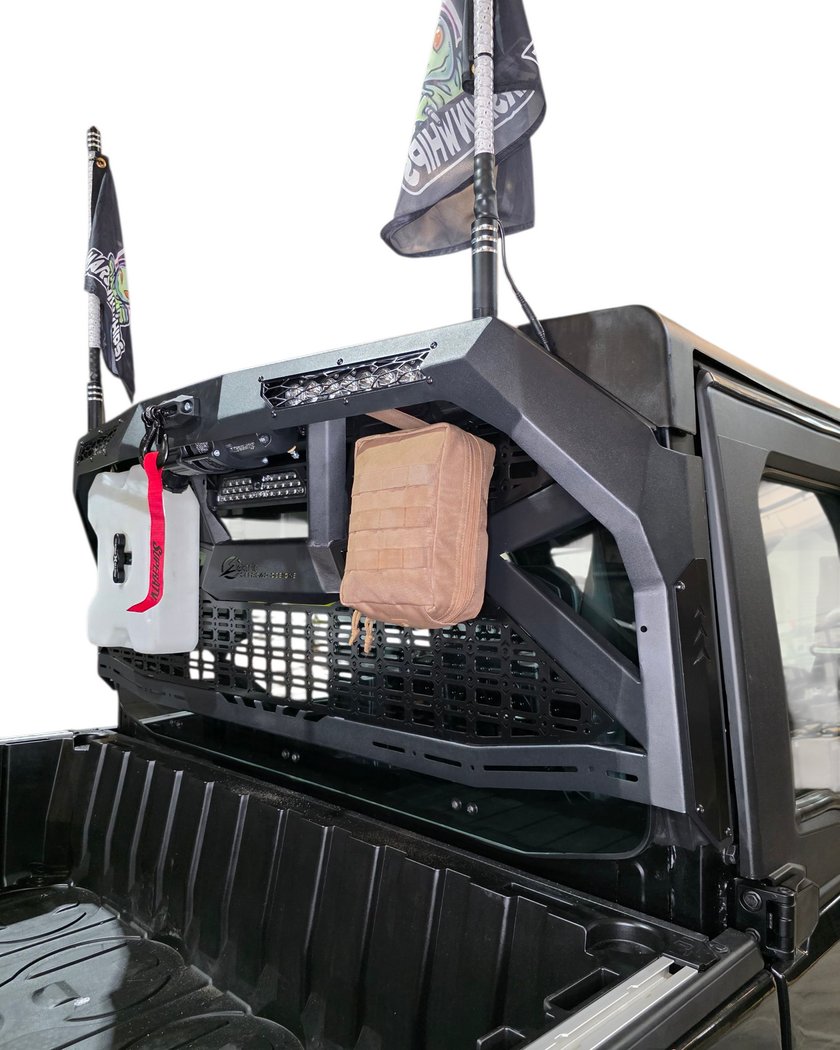 Rear three-quarter view of Polaris Ranger 1500 Headache Rack showing steel and aluminum construction