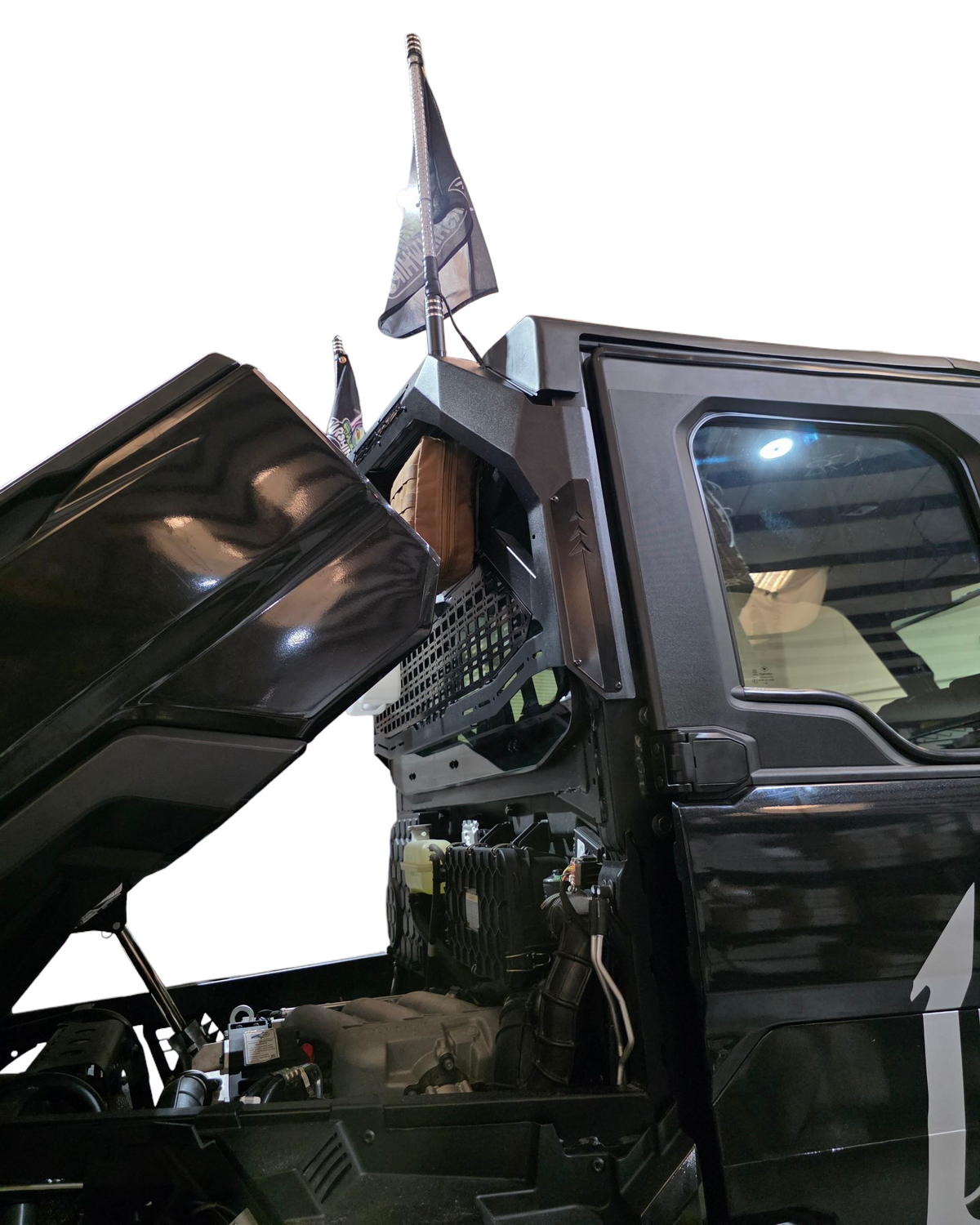 Whip mount detail on Polaris Ranger 1500 Headache Rack for safety flags