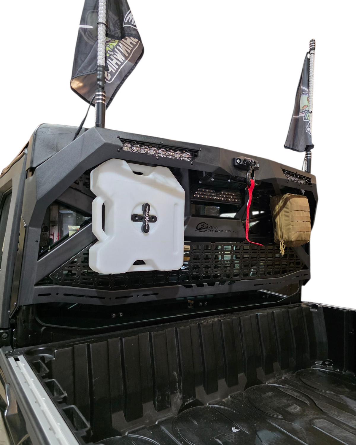 Truck bed with a white storage box and flags on a white background
