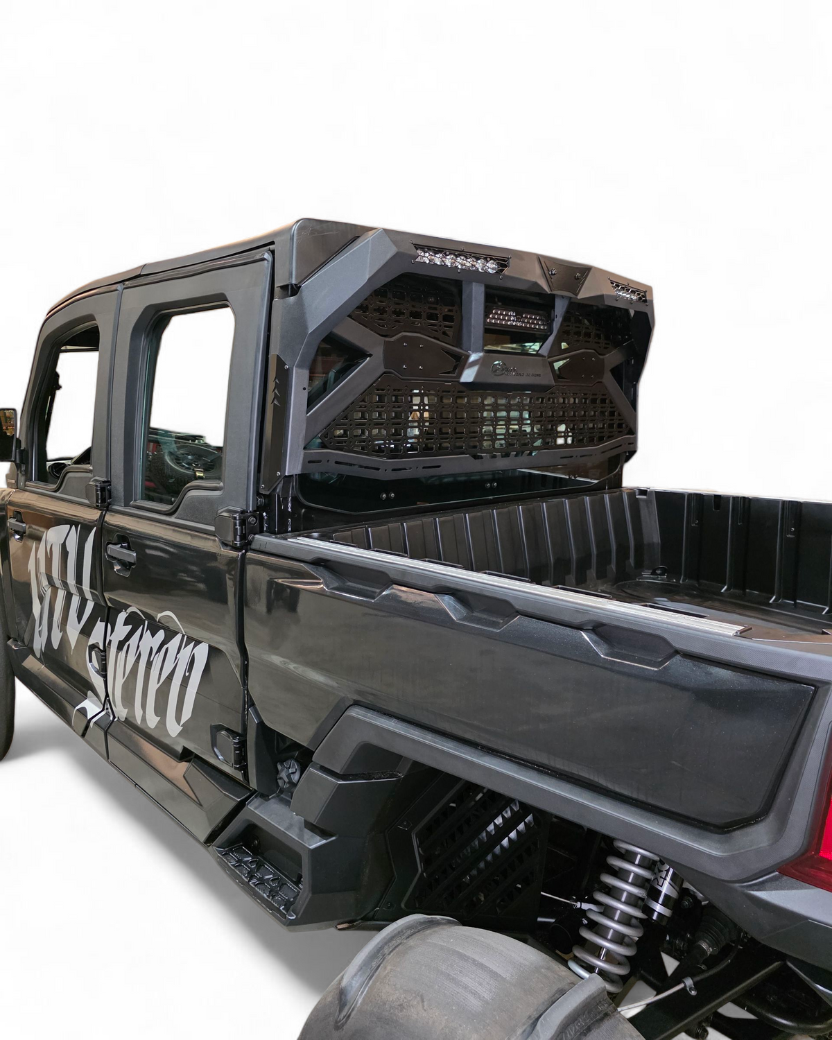 Black pickup truck with open bed on a white background