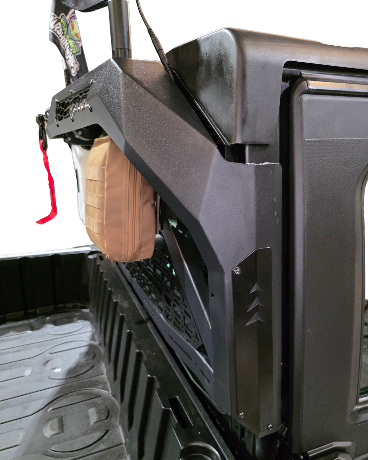 Polaris Ranger 1500 bed tilted with Headache Rack installed showing preserved bed function