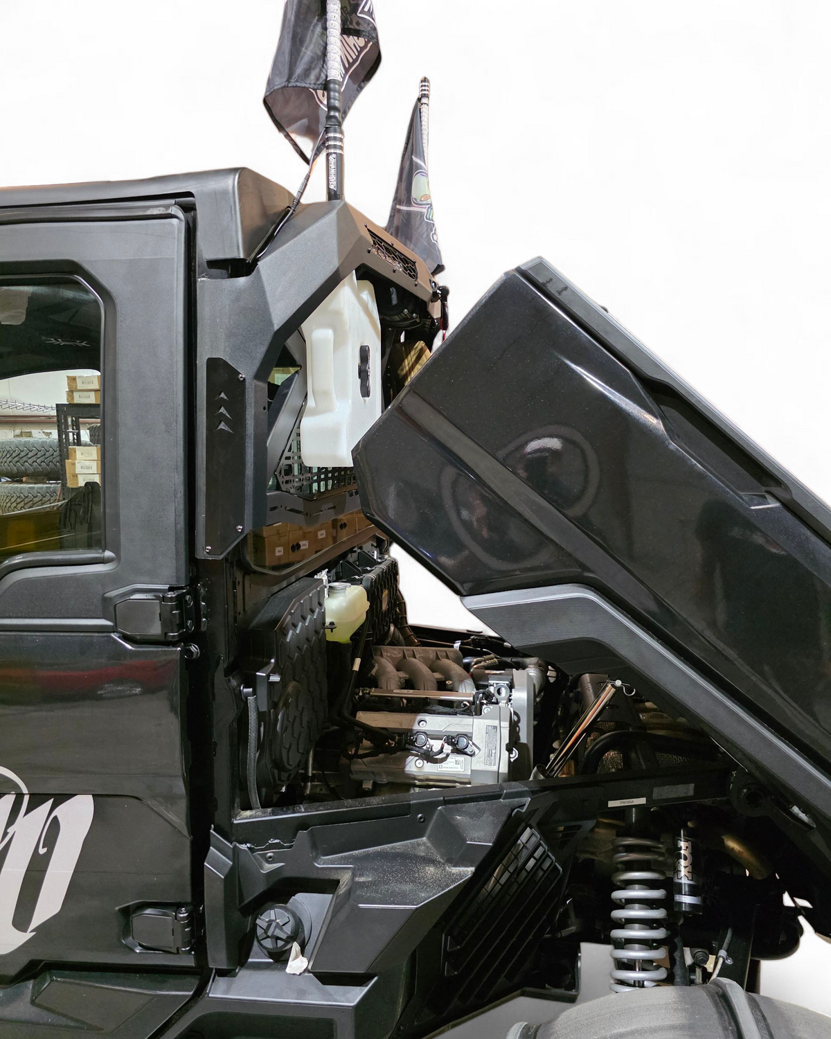 Driver side view of Polaris Ranger 1500 Headache Rack showing rear cab protection