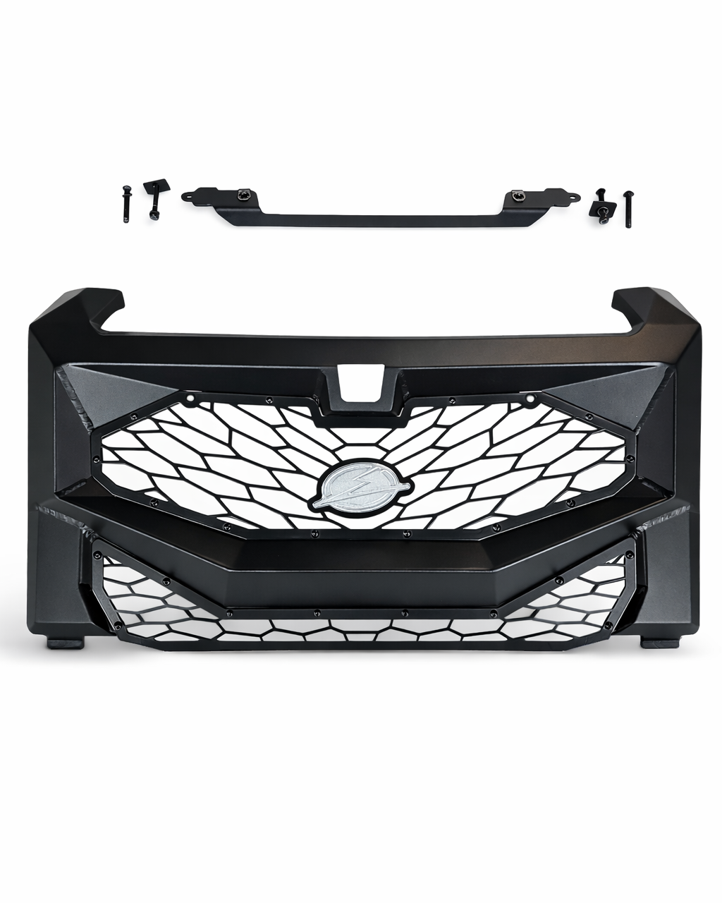 Angled view of Polaris Xpedition Volt front grille showing steel finish