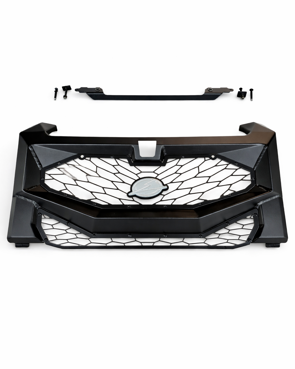 Front view of Polaris Xpedition Volt grille showing hammer black shell and satin black mesh insert