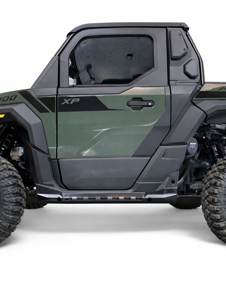 Rock Steps installed on 2024 Polaris Xpedition 2 seat showing steel sliders with built-in step