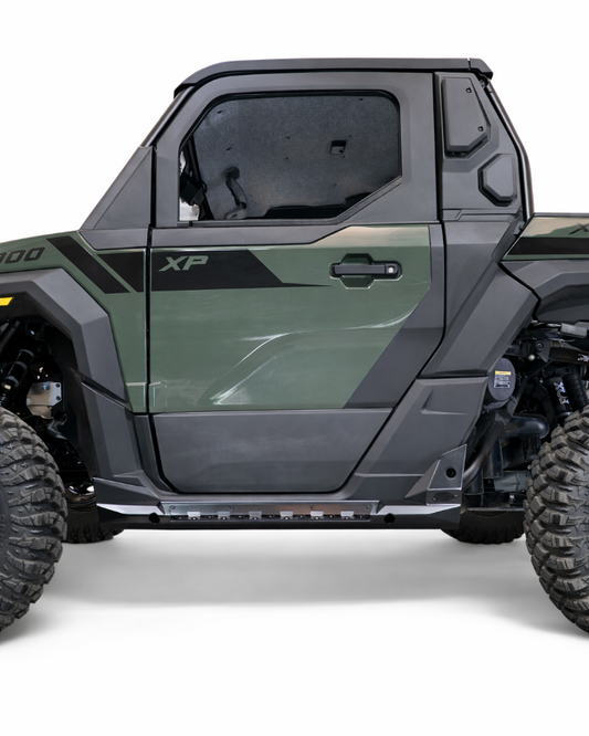 Rock Steps installed on 2024 Polaris Xpedition 2 seat showing steel sliders with built-in step