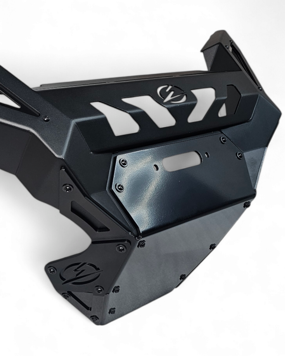 Hidden winch mount detail on Polaris Xpedition Volt Series Front Bumper retaining factory 4500 lb winch