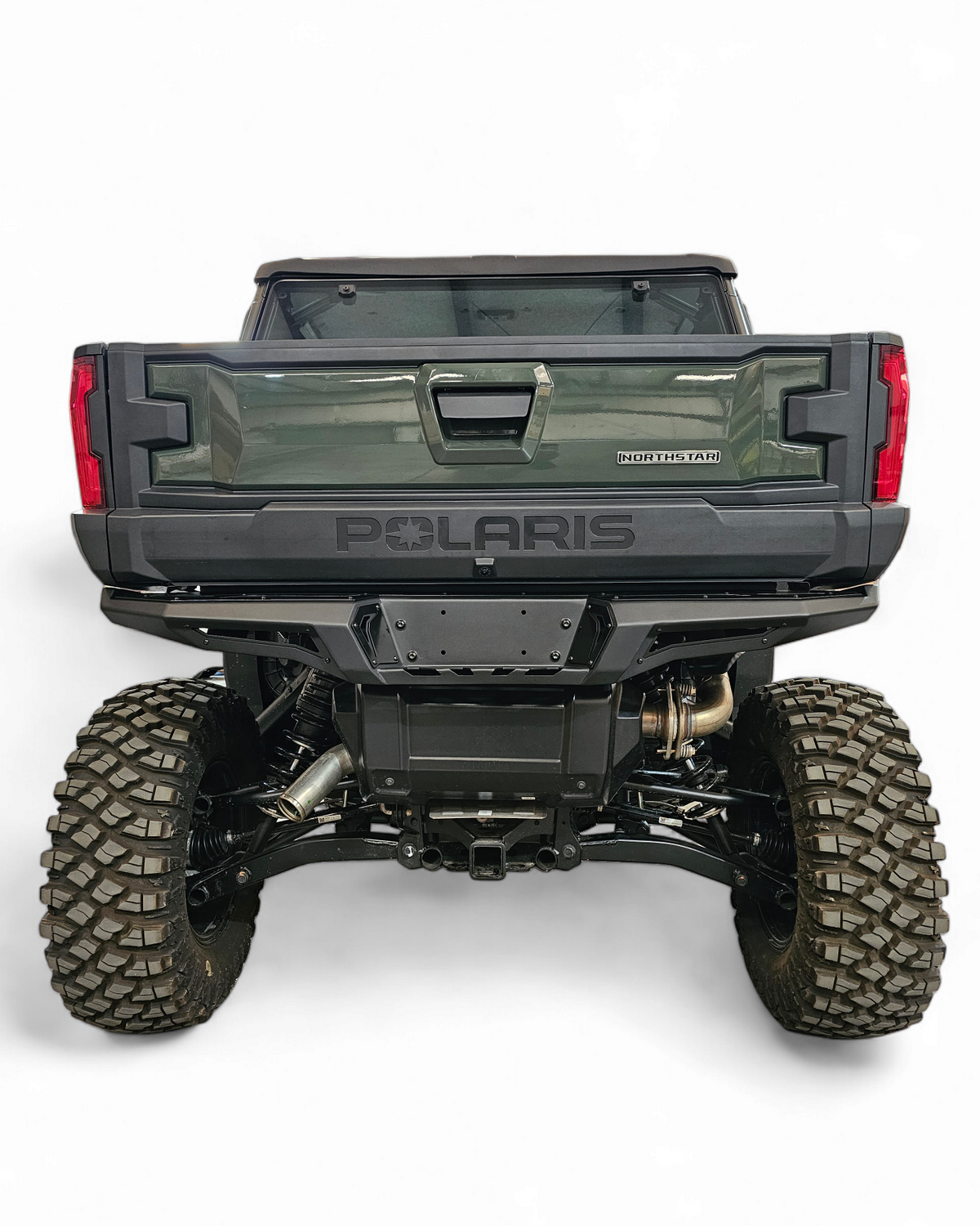 Rear three-quarter view of Polaris Xpedition Volt rear bumper in hammer black