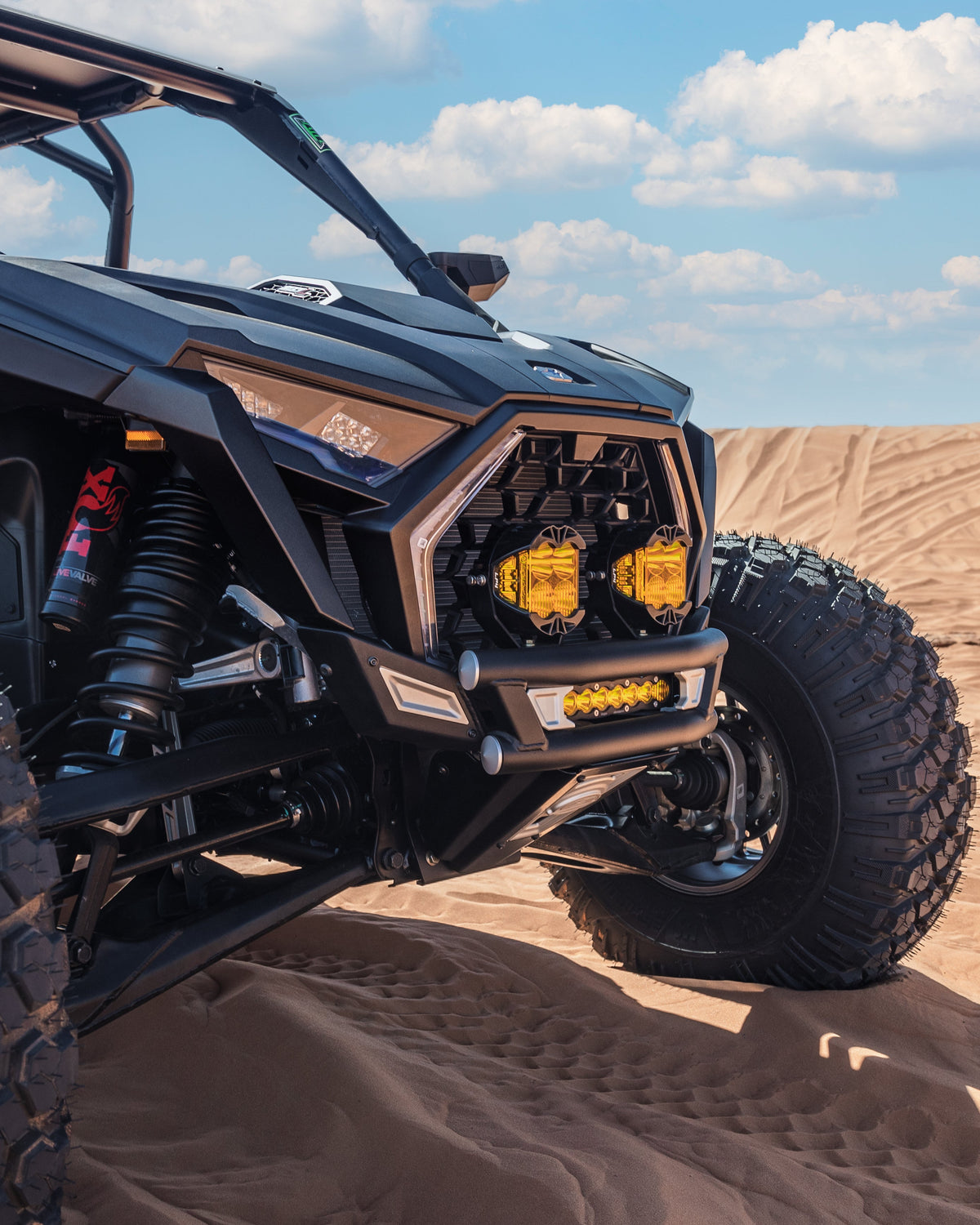 Front three-quarter view of Polaris RZR Amp Series tubular front bumper