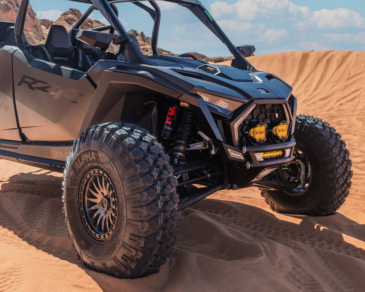 Direct front view of Polaris RZR Pro R Amp front bumper showing open tubular layout