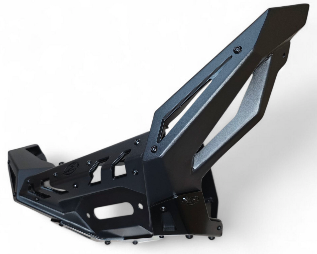 Passenger side view of Polaris RZR Pro XP front winch bumper