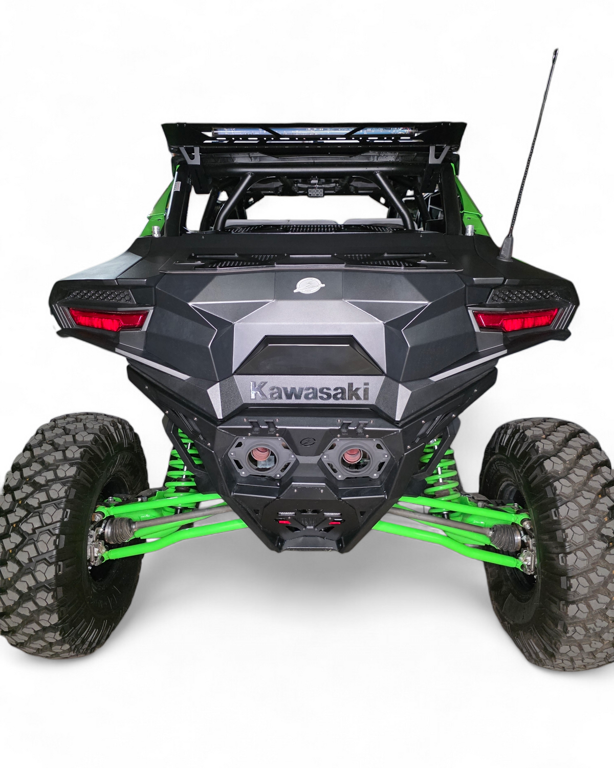 Back view of a Kawasaki off-road vehicle on a white background
