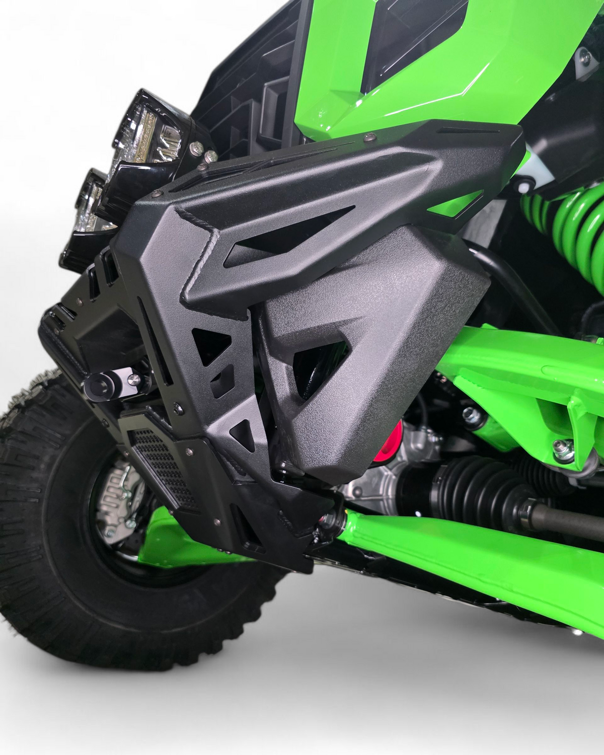 Driver side view of Volt Series front winch bumper installed on Kawasaki Teryx H2