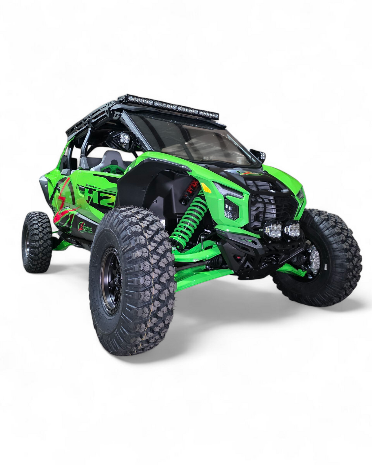 Passenger side view of Kawasaki Teryx H2 Volt front winch bumper showing front-end protection