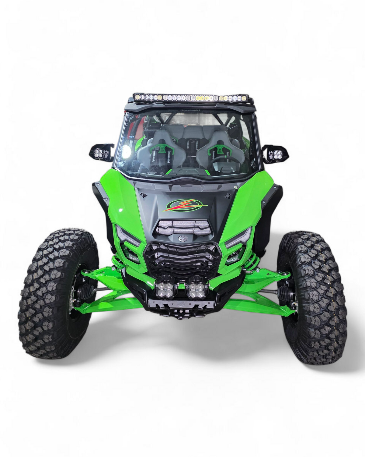 Front three-quarter view of Kawasaki Teryx H2 Volt front winch bumper showing aluminum panels and satin black finish